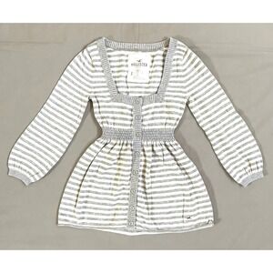 Y2K Hollister Grey White Striped Babydoll Cardigan Sweater Square Neck Small VTG